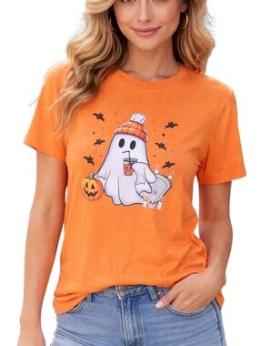Bella & Canvas Orange Halloween Ghost Graphic Tee | Halloween New